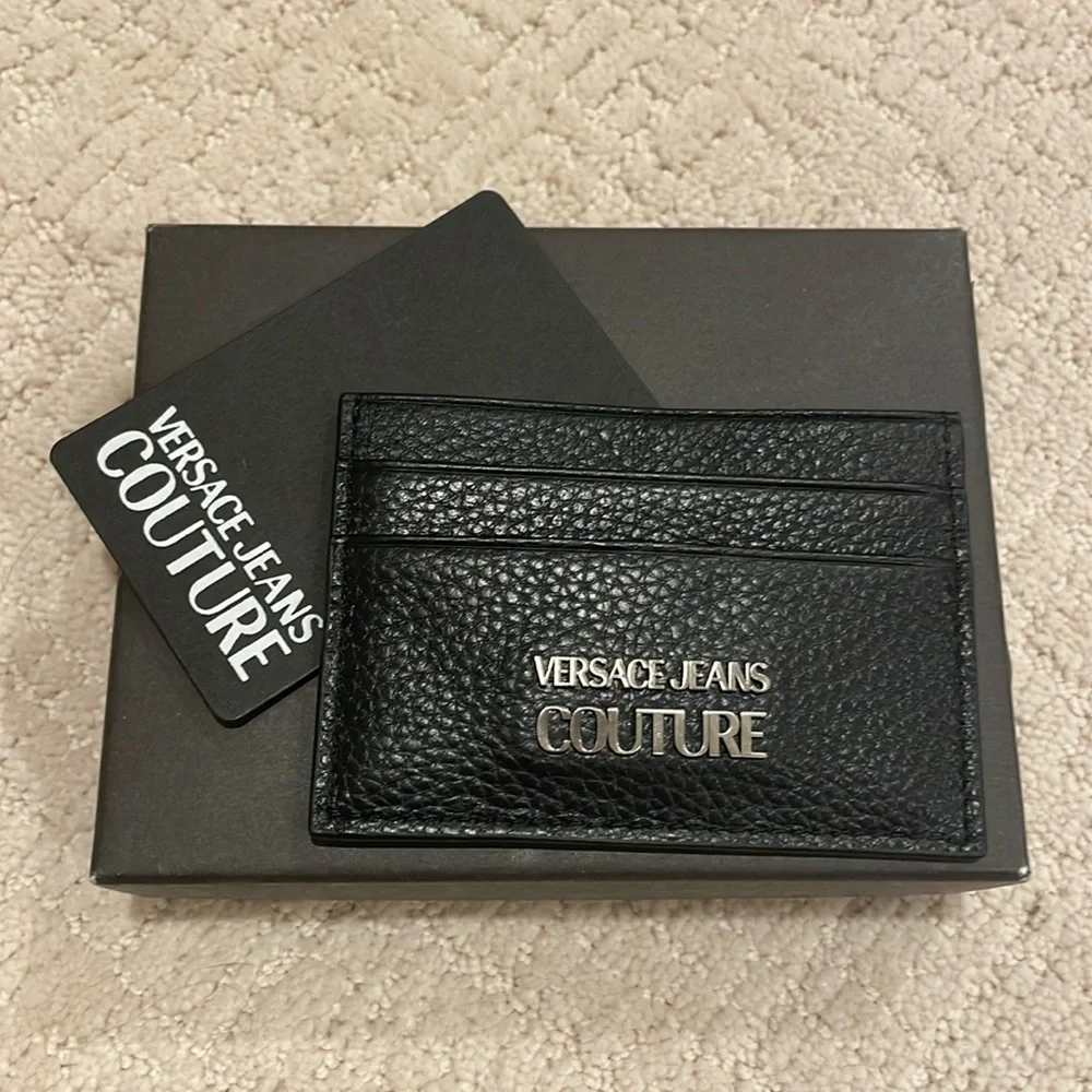 Versace Jeans Couture Range Metal Logo-Plaque Black Grain Leather Cardholder